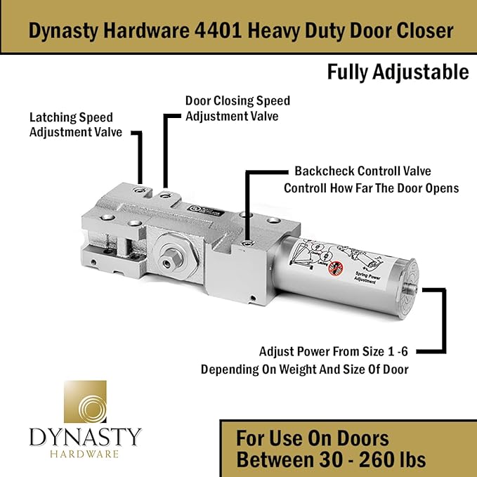 Dynasty Hardware Door Closer, Grade 1 Heavy Duty Commercial Hydraulic Closer, Self-Closing, Adjustable Spring Size 1-6, ADA Compliant, Surface Mount, Sprayed Aluminum, Series 4401