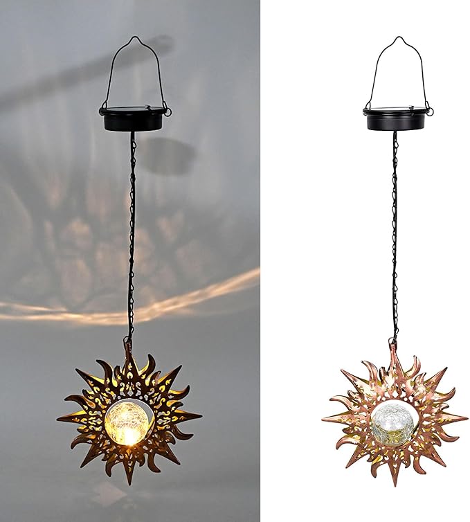 Solar Lights Outdoor Waterproof Garden Decor Hanging Sun Lanterns with Crackle Glass Ball LED for Garden Patio Yard Porch, Unique Gardening Gifts for Women Mom Grandma