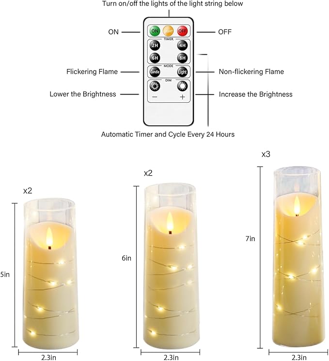 Flameless Candles with Embedded Star String, Battery Operated LED Pillar Candles with Timer and Remote Control,Home Decorating for Ambiance， Set of 9 (Ivory)