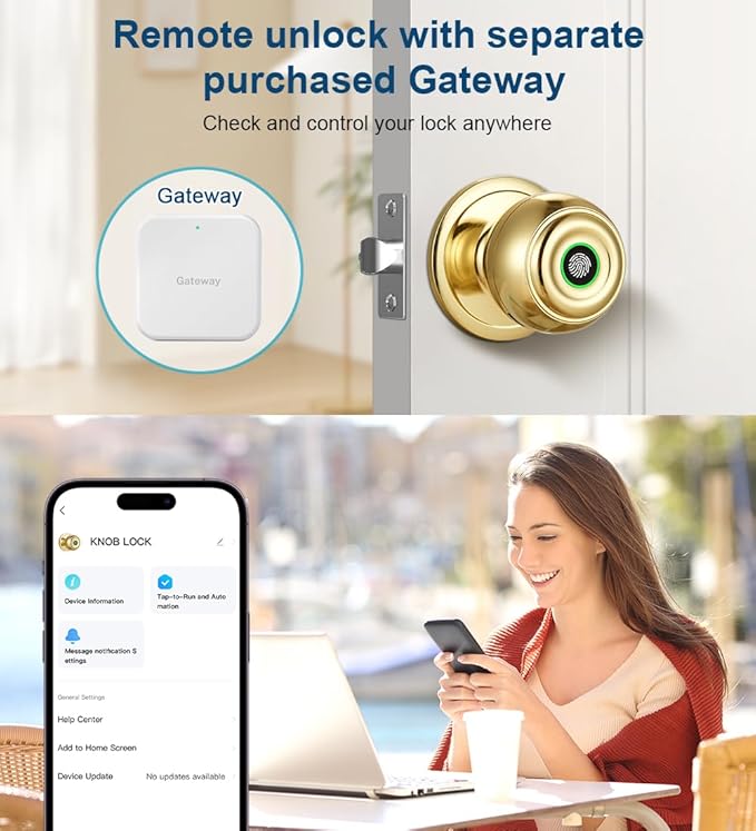 Fingerprint Door Lock, Smart Fingerprint Door Knob with Lock, Biometric Door knob with App Control & Key, Keyless Entry Door Locks for Bedrooms, Front Door, Home, Apartment Office-Polished Brass