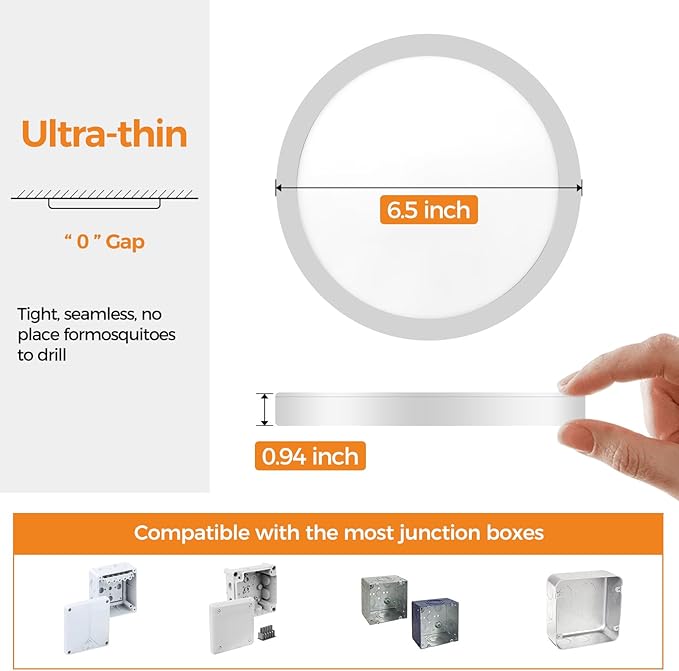1PACK LED Flush Mount Ceiling Light Fixture, 3000K-4000K-6500K & 100W Equivalent Modern Kitchen Recessed Ceiling Lamp 12W 1200Lm 6.5 Inch Closet Round Surface for Bathroom Laundry Bedroom Hallway