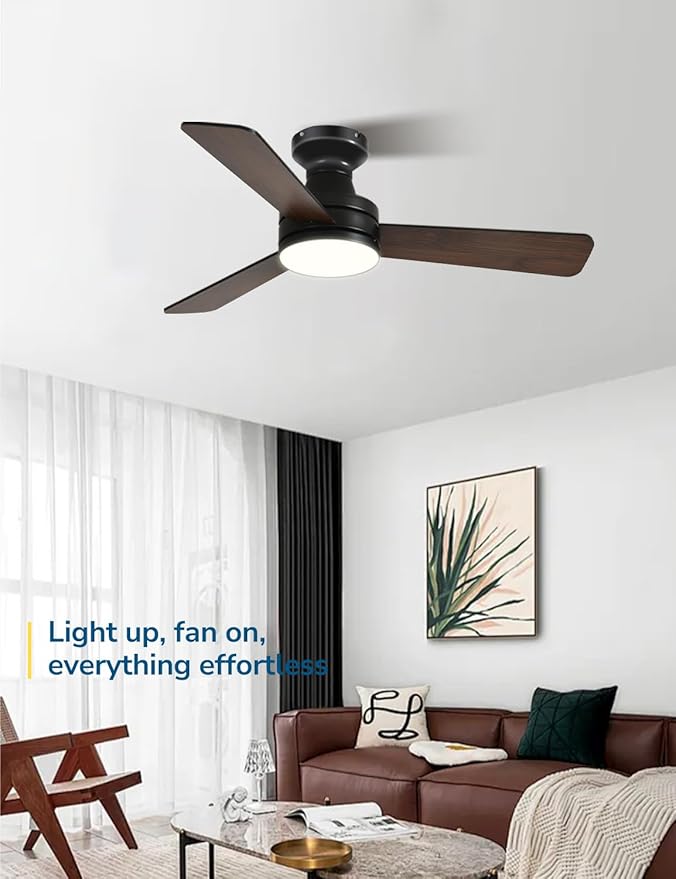 Orison Ceiling Fans with Lights 42 Inch, Low Profile Flush Mount Ceiling Fan, RGB Backlight & Dimmable Lighting, Remote & App Control, 6 Speeds, 3 Reversible Blades, Black/Wood
