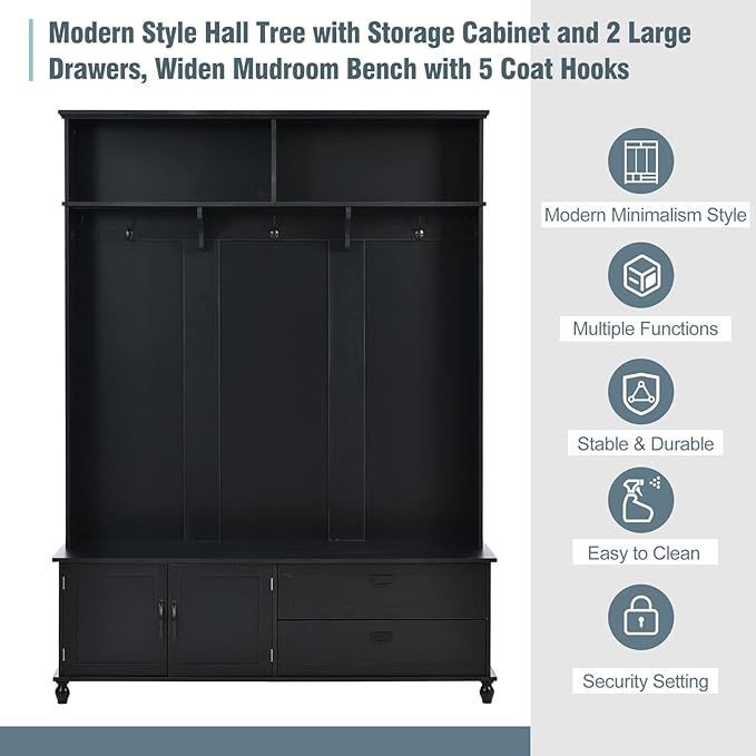 Widen Hall Tree with Bench and Shoe Storage, Modern Entryway Bench with Coat Rack, Cabinet, 2 Drawers and Shelves, Mudroom Bench with Storage and 5 Hooks for Entry Way, Hallway (Black)