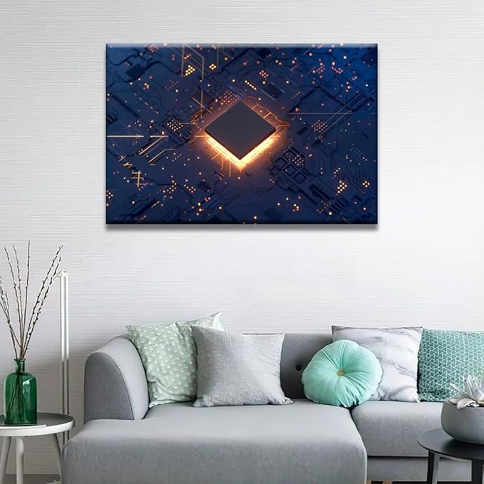 CPU Card Canvas Wall Paintings Office Decor Circuit Board Wall Decor CPU Concept Wall Art for Living Room Computer Chip Home Decor Wooden Framed Gallery-Wrapped Ready to Hang 24x36 INCH