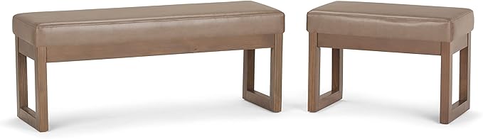 SIMPLIHOME Milltown Small Ottoman Bench - 27 inch Wide Upholstered Vegan Leather Rectangle Footstool Ottoman in Ash Blonde, Contemporary Bench for Bedroom or Living Room with Cushioned Seat, Assembled
