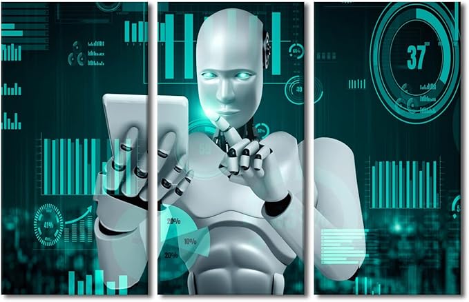 TUMOVO Robot Painting Pictures for Living Room Big Data Analysis Canvas Artwork 3 Pieces Wall Art AI Intelligence Canvas Prints Stretched and Framed Ready to Hang Posters, 42" Wx28 H