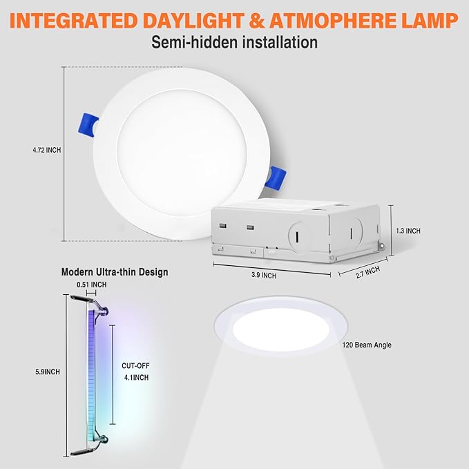 6Pack Smart RGB Recessed Lighting 4Inch,Ultra-Thin Canless LED Downlight,2.4GHz Wi-Fi Bluetooth, 2700K-6500K, 9W 810LM,Work with Tuya App,Alexa,Google Assistant,Sync Music