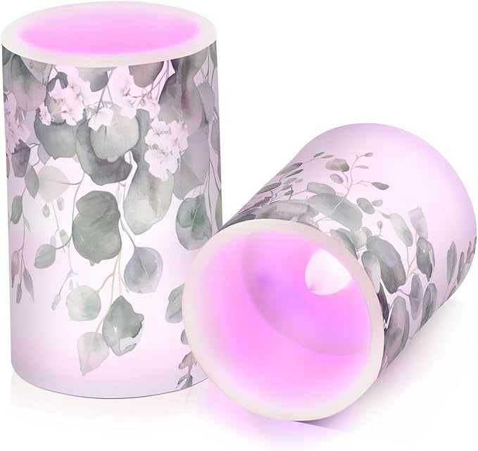 Watercolor Leaf and Flower Pattern Flameless Candles Color Changing LED Candles with Remote Control Battery Candles for Outdoor and Indoor Home and Room Decoration, 3'' x 4''/5'' Set of 2 Pieces