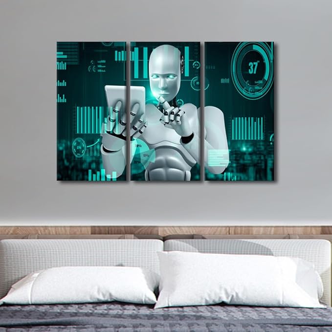 TUMOVO Robot Painting Pictures for Living Room Big Data Analysis Canvas Artwork 3 Pieces Wall Art AI Intelligence Canvas Prints Stretched and Framed Ready to Hang Posters, 42" Wx28 H