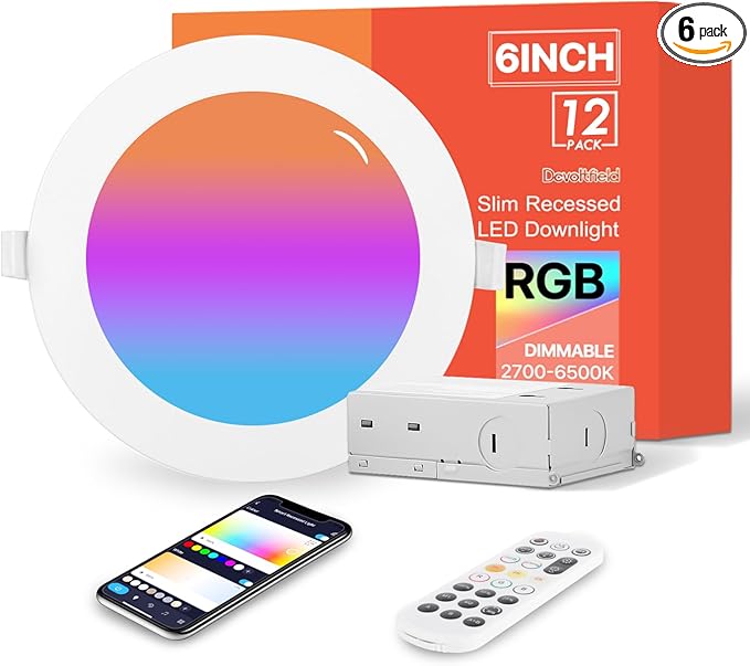 12Pack 6Inch Smart LED RGB Recessed Lighting ,Color Changing Canless Downlight,2700K-6500K, 2.4GHz Wi-Fi & Bluetooth,12W 1200lm,Works with Tuya App,Alexa & Google Assistant,Gateway Included