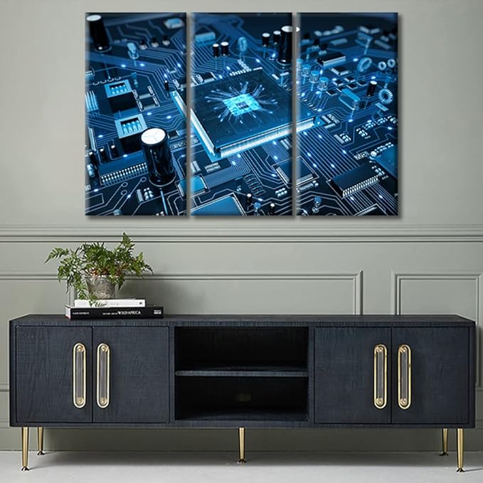 Circuit Board Wall Decor 3 Panels Motherboard Digital Chip Pictures Wall Decor for Bedroom Information Technology Artwork Posters and Prints Wall Decor Living Room Framed Ready to Hang (36"Wx24"H)