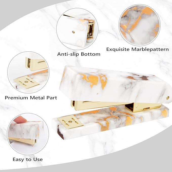 Office Desk Accessories Supplies - 13 Pcs Women Gold Marble Desk Decor Set, Cute Aesthetic Office Essentials Kit, Stapler Tape Dispenser Pen Organizer, Acrylic Mini Teacher Stuff for School Home Work