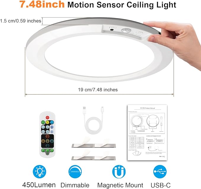 Wireless Motion Sensor Ceiling Light, 7.5" Ultra-Thin 8000mAh Rechargeable, 450 Lumen, 5 Color Temps, Dimmable with Timer & Remote, Magnetic Stick-On Mount for Closet, Hallway, Pantry, 1-Pack