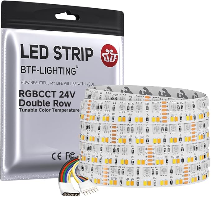 BTF-LIGHTING Double Row 270Leds/M RGBCCT LED Strip Light - 5050RGB+2835,Brighter Tunable White 2700K-6500K & RGB, 24VDC 16.4Ft, for Kitchen, Living Room,15mm Width,IP30, RA>90 (No Adapter/Controller)