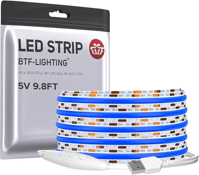 BTF-LIGHTING FCOB COB FOB LED Strip Lights 5V USB Powered 9.8FT 960LEDs Blue Color 8mm Width Dimmable CRI 90+ with 3M Tape Flexible High Density for 3D Printer TV Backlight PC DIY Decor