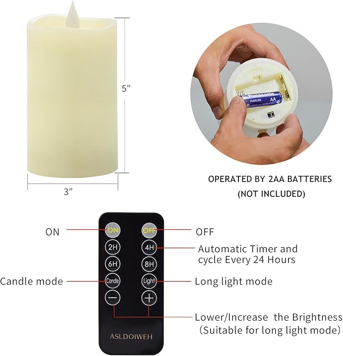 3" x 5" Flameless Candles Set of 1, 2AA Battery Life 600 Hours Battery Candles Flickering with Timer, 5 inch Flameless Candles with Remote for Indoor/Outdoor, Ivory
