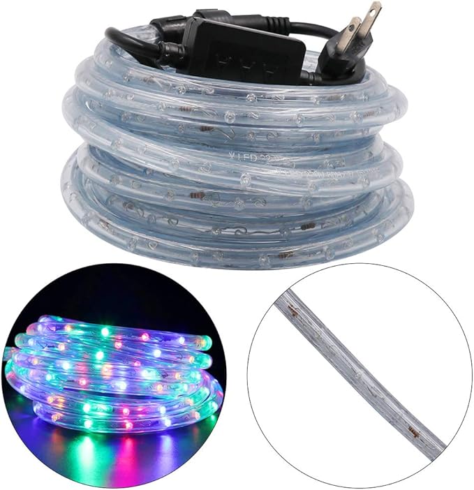 30ft 2-Wire Waterproof 1/2" LED Rope Light Kit, 110V-120V PVC 30 LED/M Tube Lights Strip for Background, Outdoor, Christmas, Home Decoration(Multi-Color)