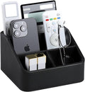 Remote Control Holder, PU Leather Small Desk Organizer with 4 Compartments, Nightstand Organizer Desk Caddy for Remote, Notepad, Phone, Glasses, and Accessories (Black)