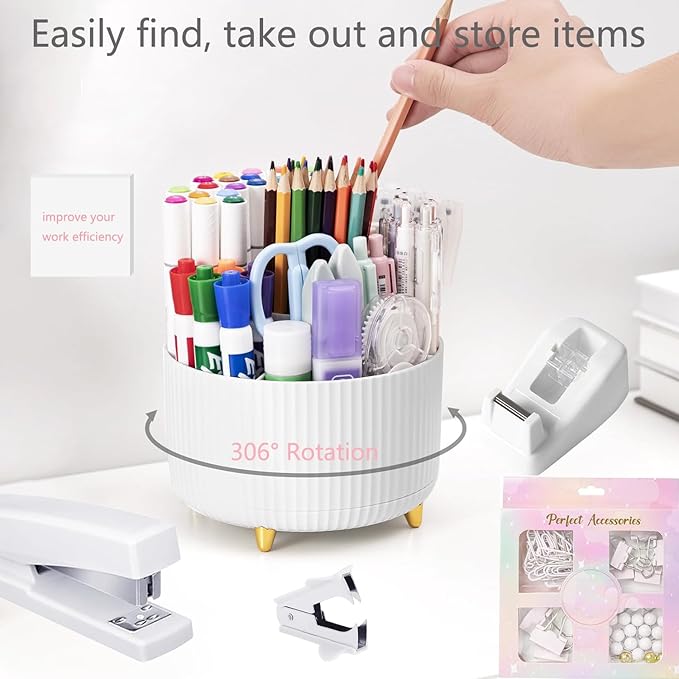 suniya Office Supplies,Desk Accessories,with Stapler,Tape Dispenser,Staple Remover,Scissor,Ballpoint Pen,Sticky Notes,Clear Tape,Staples,Desk Organizer,Ruler,Binder,Best Gift Set(White)