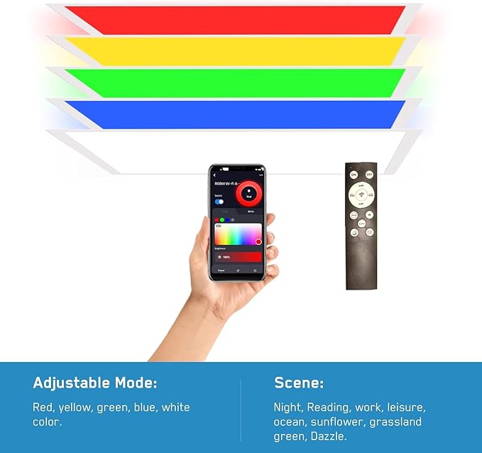 2x2 FT LED RGBW 5000K Multicolor Flat Panel Light Remote & App Controlled 40W 4400lm Color Changing LED Panel Light Smart Wi-Fi Drop Ceiling Light with Alexa/Google Assistant (4 Pack)