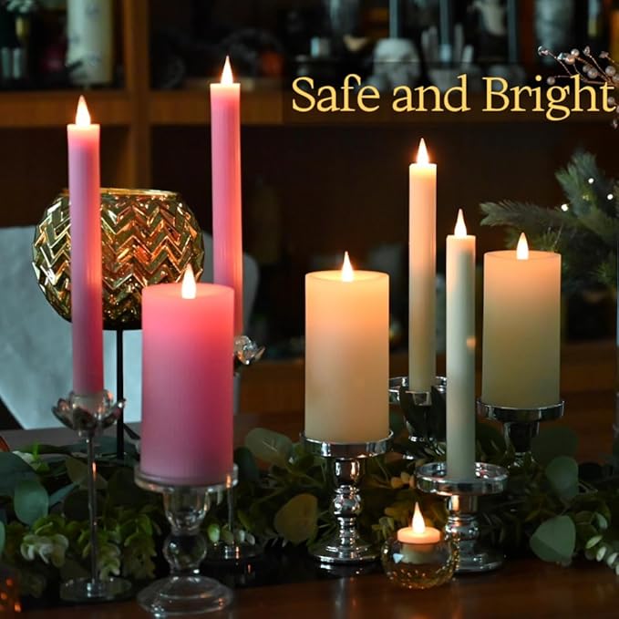 Flameless Taper Candles Flickering with Remote and Timer, 3D Moving Flame Taper Candle Battery Operated to 400 Hours, 9 Inch Window Candles, (Ivory-Vertical Stripes)