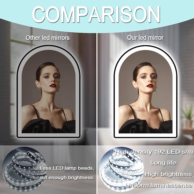 24 x 36 Inch Black Arch LED Vanity Mirror with Lights, Black Frame, 3 Color Anti Fog, 36" Bathroom Arch Smart Light Up Mirror