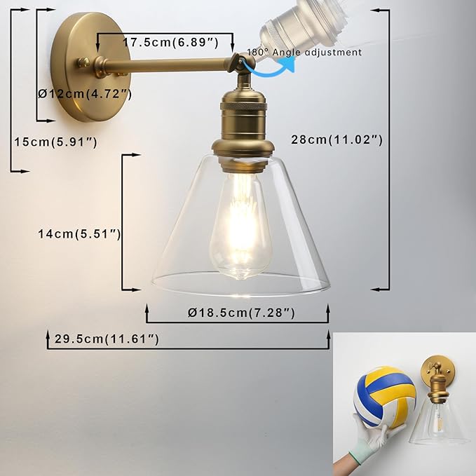 Yosoan Indoor Wall Sconce Fixture Light, 1-Light Modern Single Antique Brass Vintage Industrial Hardwired with Funnel Flared Clear Glass Shade Lamp for Bathroom Sink Porch Kitchen Living Room(Antique)