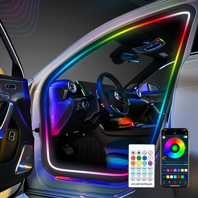 Car SUV Door Frame Ambient Light Lighting, Car Door Ambient Lights LED RGB, Automotive Auto Interior USB Neon Accent Lights Strip Accessories, App Remote Control Music Sync, Acrylic, 4 Pack*11.48ft