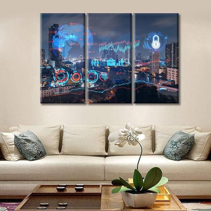 TUMOVO Data Concept Paintings Black and White Wall Art 3 Panels City Night Scene as Background Hologram Wall Decor for Bedroom Print on Canvas Framed Ready to Hang (60" Wx40 H)
