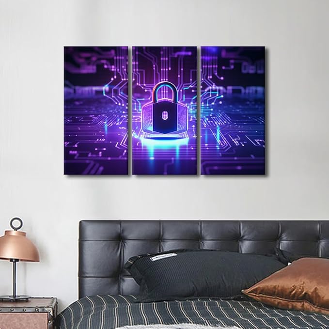 TUMOVO Artificial Intelligence Wall Art 3 Pieces Cyber Security Concept Pictures Print on Canvas Wall Art for Home Office Wall Decoration, Wooden Framed Ready to Hang, 36" Wx24 H