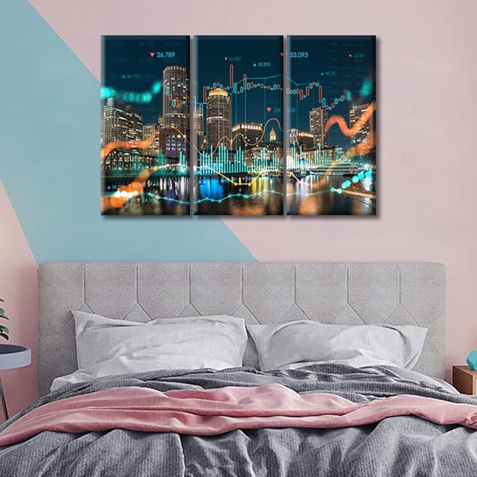 TUMOVO Concept of International Trading Art Home Decor Posters and Prints Glowing Forex Hraph Hologram Paintings Wall Art for Living Room 3 Pieces Rustic Home Decor Ready to Hang (36" Wx24 H)