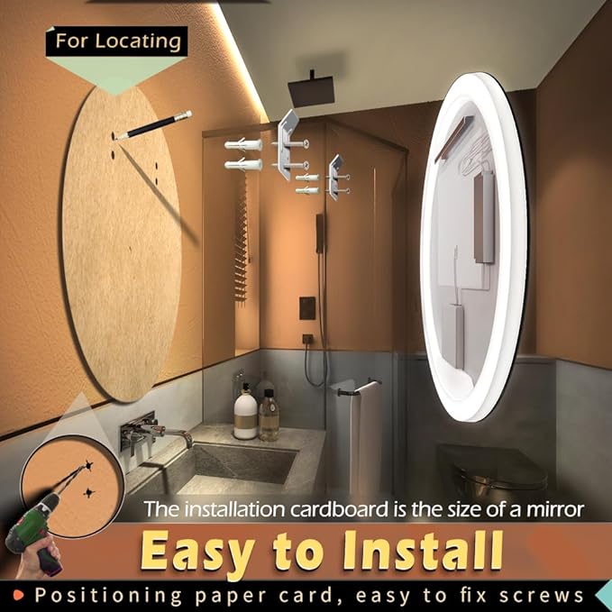 KWW Round Mirror Bathroom LED Lighted Mirror, Illuminated Dimmable Anti-Fog Wall-Mounted Makeup Vanity Mirror with Lights (23.5" L x 23.5" W)