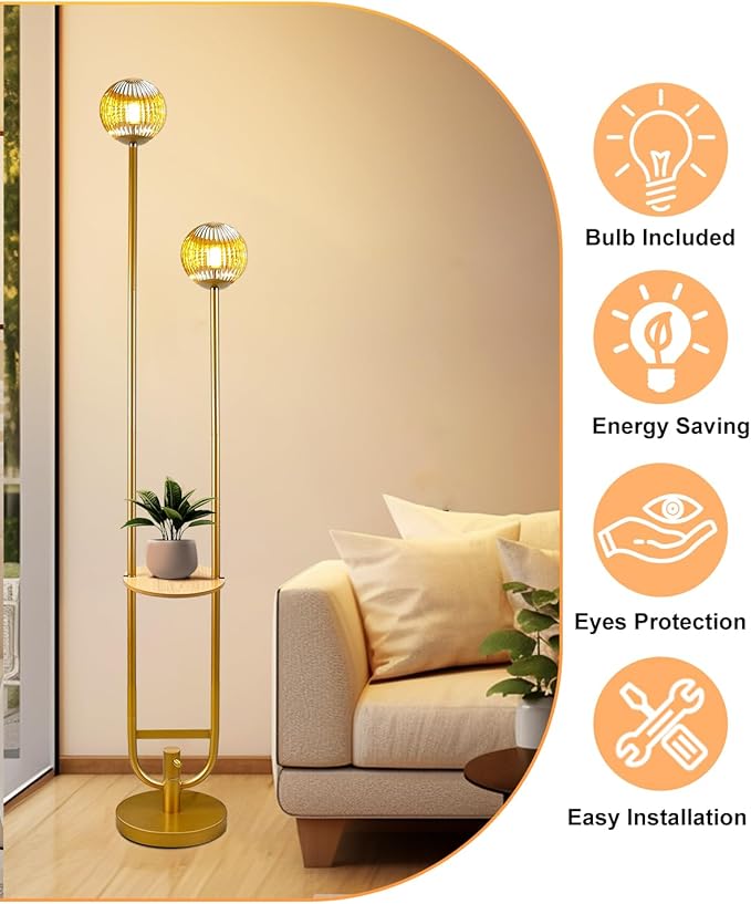Lightdot Glass Floor Lamp with Tray, 2Pcs 3000K Warm White Bulbs Included, Mid Century Modern Standing Lamps, Gold Dimmable Globe Floor Lamp for Living Room/Wedding/Party//Sofa Beside/Corner Decor