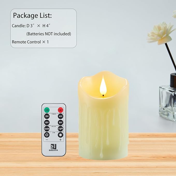 Flameless Battery Operated Flickering Candles with Remote and Timer, Real Wax Pillar Electric LED Candles for Home, Wedding, Halloween, Christmas, Party - 3" x 4"
