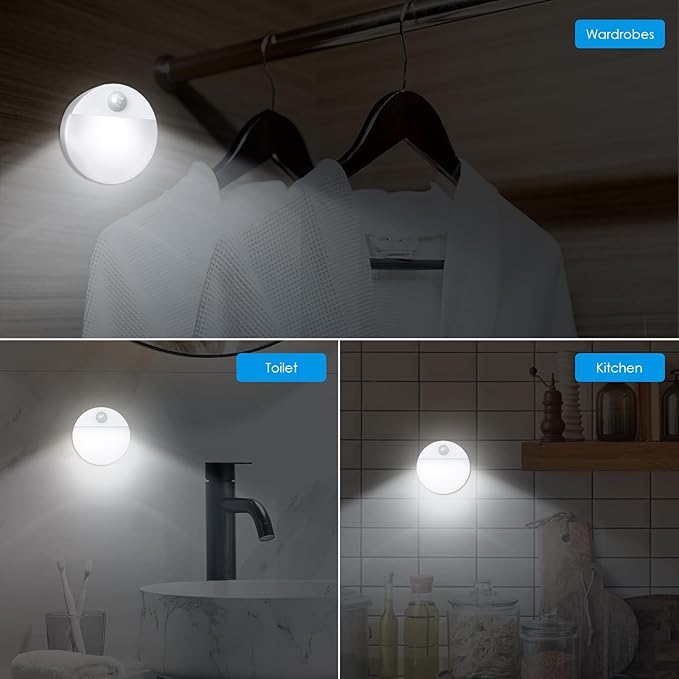 AMIR Upgraded Mini Motion Sensor Light Battery-Powered, Cordless Stick-on LED Night Light, Wall Light, Closet Lights, Safe Lights for Stairs, Hallway, Bathroom, Kitchen, Cabinet (Pack of 4 - White)