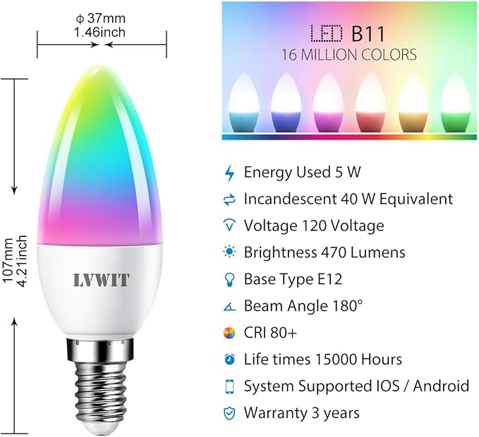 LVWIT Smart Light Bulb, WiFi Chandelier LED Bulb, E12 Base, 4.9W, 470Lm, 6Pk, Color Changing, Dimmable, Compatible with Alexa, Google Home, No Hub Required, B11, Warm White, 50000hrs Life