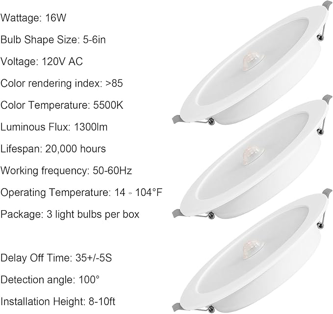 Motion Sensor Light Bulbs, 6 in 5500K Daylight LED Recessed Ceiling Light, Motion Activated Dusk to Dawn Security Light, 16W(100W Equivalent) Indoor Ceiling Downlight Fixture, 3 Pack (HW6C001)