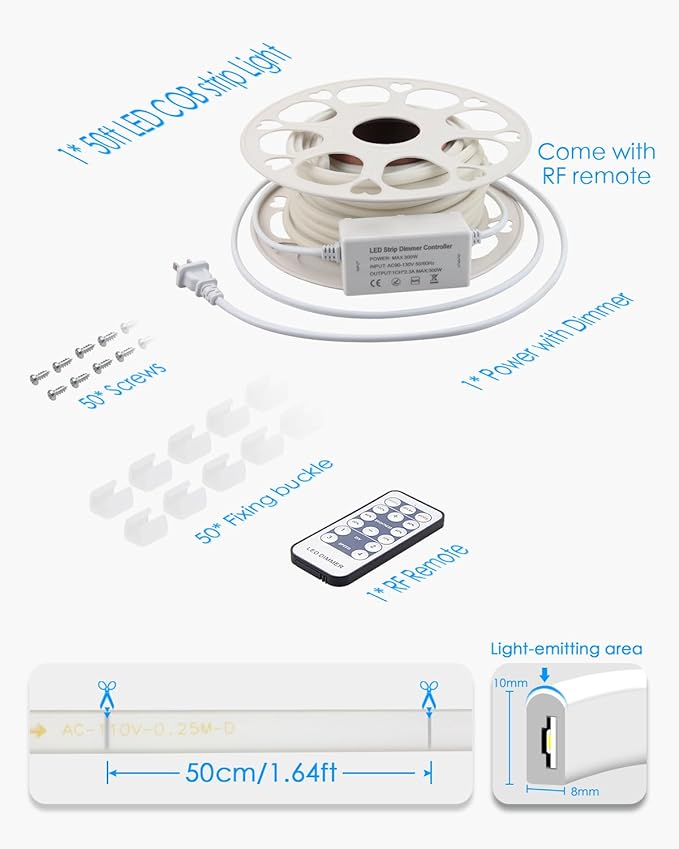 COB Outdoor LED Strip Lights Waterproof 50ft Dimmable LED Rope Light with Reomote AC 110V~120V Cuttable Flexible FCOB COB Light Strip Warm White 3000K for Building Garden Commerical Decor