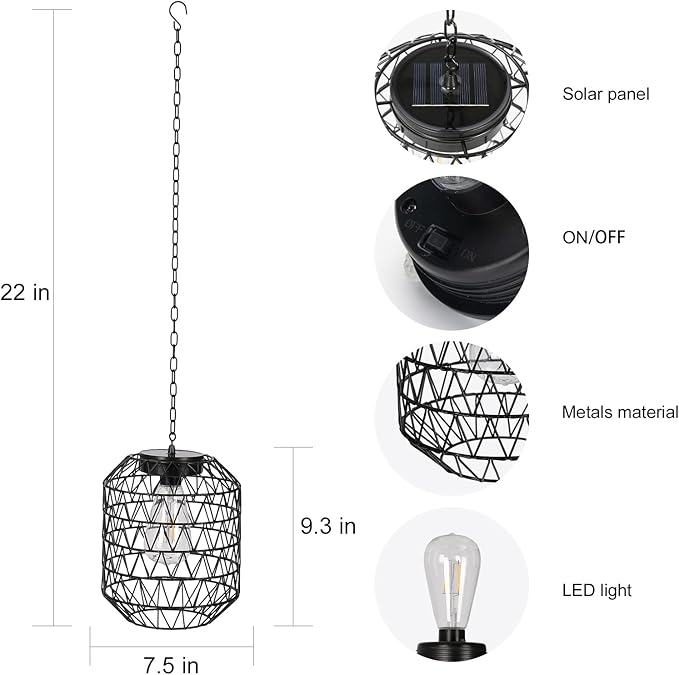Livinlarge Solar Pendant Light,Outdoor Solar Powered Chandelier Hanging Lantern IP44 Waterproof,Gazebo Lights for Yard Patio Balcony Tree Porch Porch Garden Decor