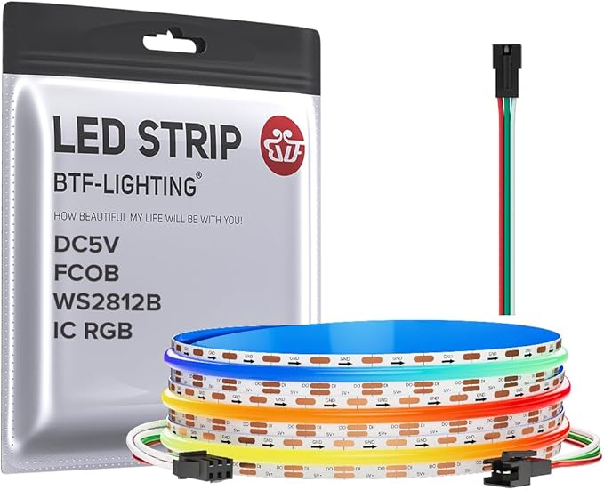 BTF-LIGHTING FCOB COB WS2812B IC RGB LED Strip DC5V 6.5FT Individual Addressable 160Pixel/m 320LEDs 320IC Dream Color IP30 Non-Waterproof High Density Light 0.39in Width(No Adapter or Controller)