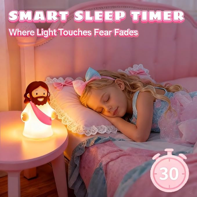 Jesus Night Light Rechargeable Bedside Night Light Dimmable Silicone LED Light Ideal for Religious Gatherings, Gifts for Sunday School, Baptism Presents, Easter Egg Decorations (Pink)