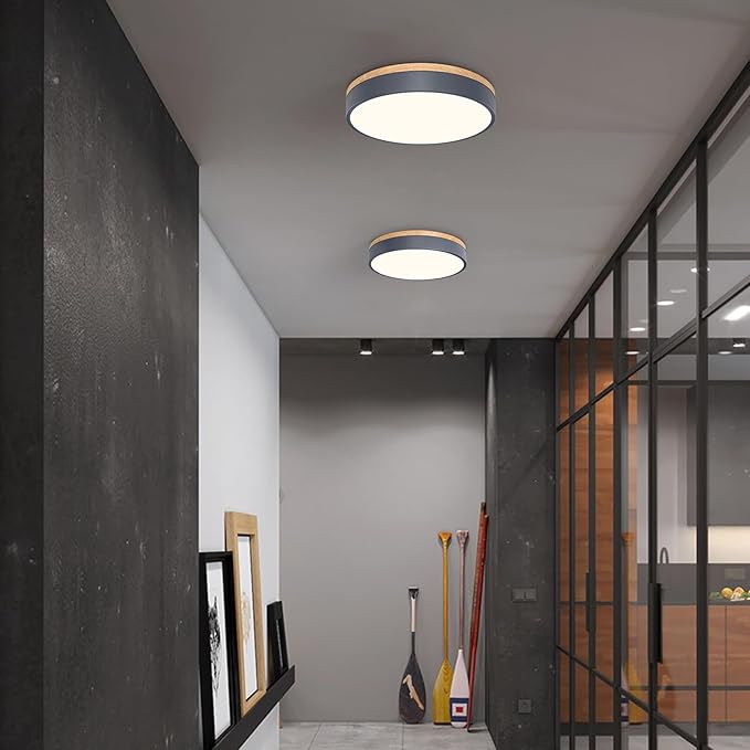 Dimmable Wood Oak Ceiling Light Fixture Modern Gray LED Flush Mount Ceiling Light 5CCT Minimalist Circle Close to Lighting Fixture for Bedroom Kitchen Bathroom Laundry Room 11.81 Inch