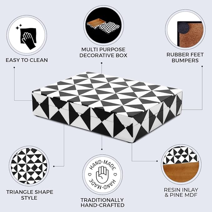 Handicrafts Home Decorative Storage Box with Lid, Black and White Decorative Box for Remote Controls, Slim Coffee Table Storage Box for Shelf, Desk & Living Room Decor, Triangle 8 x 6 x 1.5 Inch