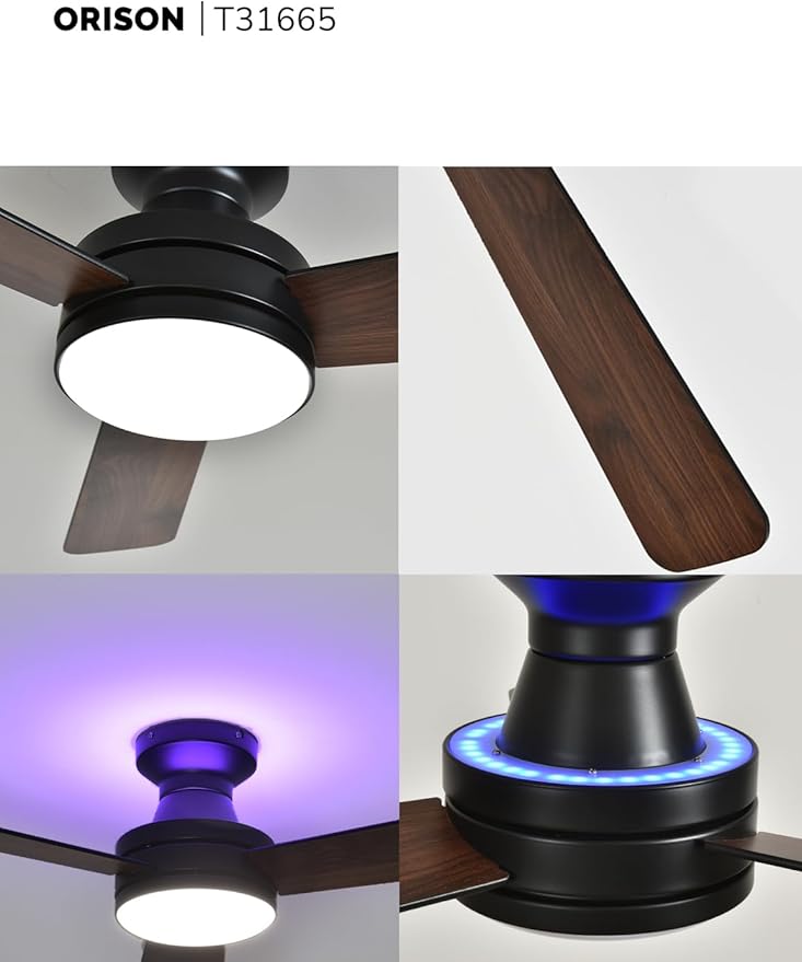 Orison Ceiling Fans with Lights 42 Inch, Low Profile Flush Mount Ceiling Fan, RGB Backlight & Dimmable Lighting, Remote & App Control, 6 Speeds, 3 Reversible Blades, Black/Wood