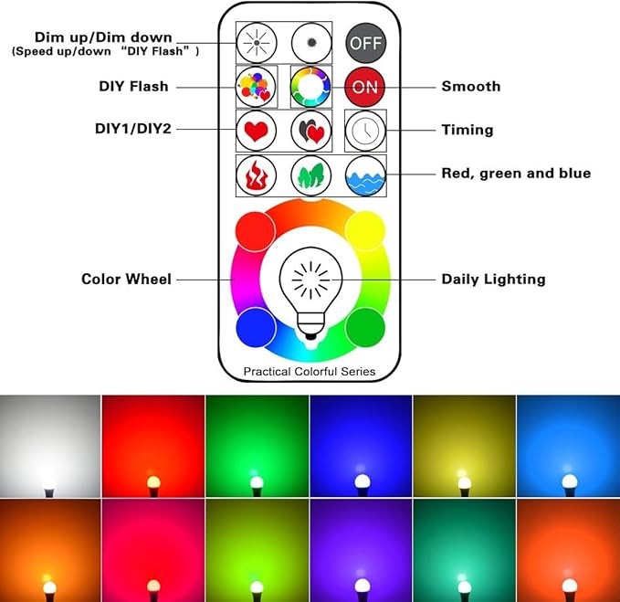 ILC LED Color Changing Light Bulb, 120 Colors, 5700K Daylight White, 70 Watt Equivalent with Remote Control RGBW RGB Daylight and White – Timing Function - A19 E26 Edison Screw (2 Pack)