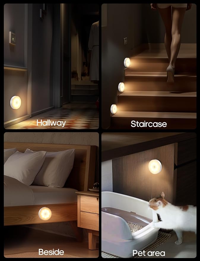 Motion Sensor Night Light, Battery Operated Puck Lights with Remote, Dimmable Warm White Night Light, 3000K Soft Light for Bathroom, Bedroom, Hallway