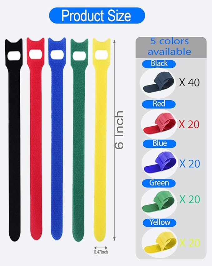 120 Pack Reusable Cable Ties 6 Inch - Adjustable Multi-Color Cord Ties & Cable Straps for Wire Management - Hook and Loop Cord Organizer for Electronics, PC & Desk - Strong Grip Zip Tie Alternative