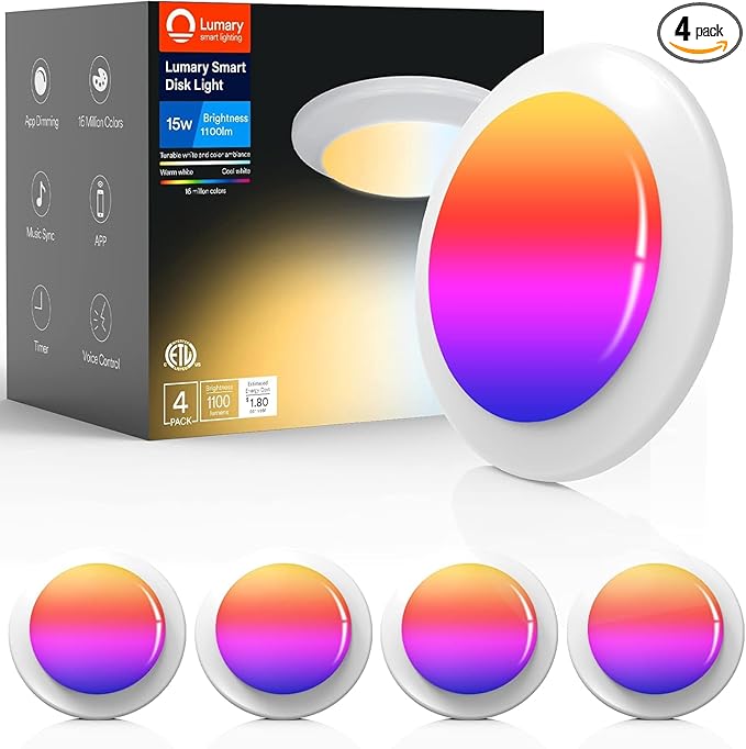 Lumary 15W Smart LED Flush Mount Disk Lights 5/6 Inch, RGBWW WiFi Recessed Surface Mount Ceiling Lights, Color Changing 2700-6500K Downlight, Compatible with Alexa/Google Assistant-ETL Listed(4 Pack)
