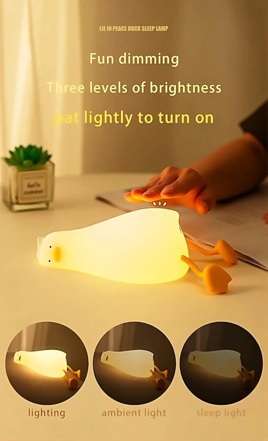 Lying Flat Duck Night Light for Kids,Touch Dimmable,Rechargeable Portable Squishy Silicone Led Nightlight,Kawaii Gift,Nursery,Toddler,Breastfeeding,Bedroom Decor,Timing Bedside Lamp,Birthday