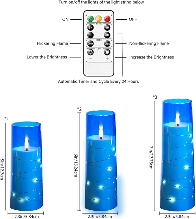Flameless Candles with Embedded Star String, Battery Operated LED Pillar Candles with Timer and Remote Control,Home Decorating for Ambiance， Set of 7 (Blue)